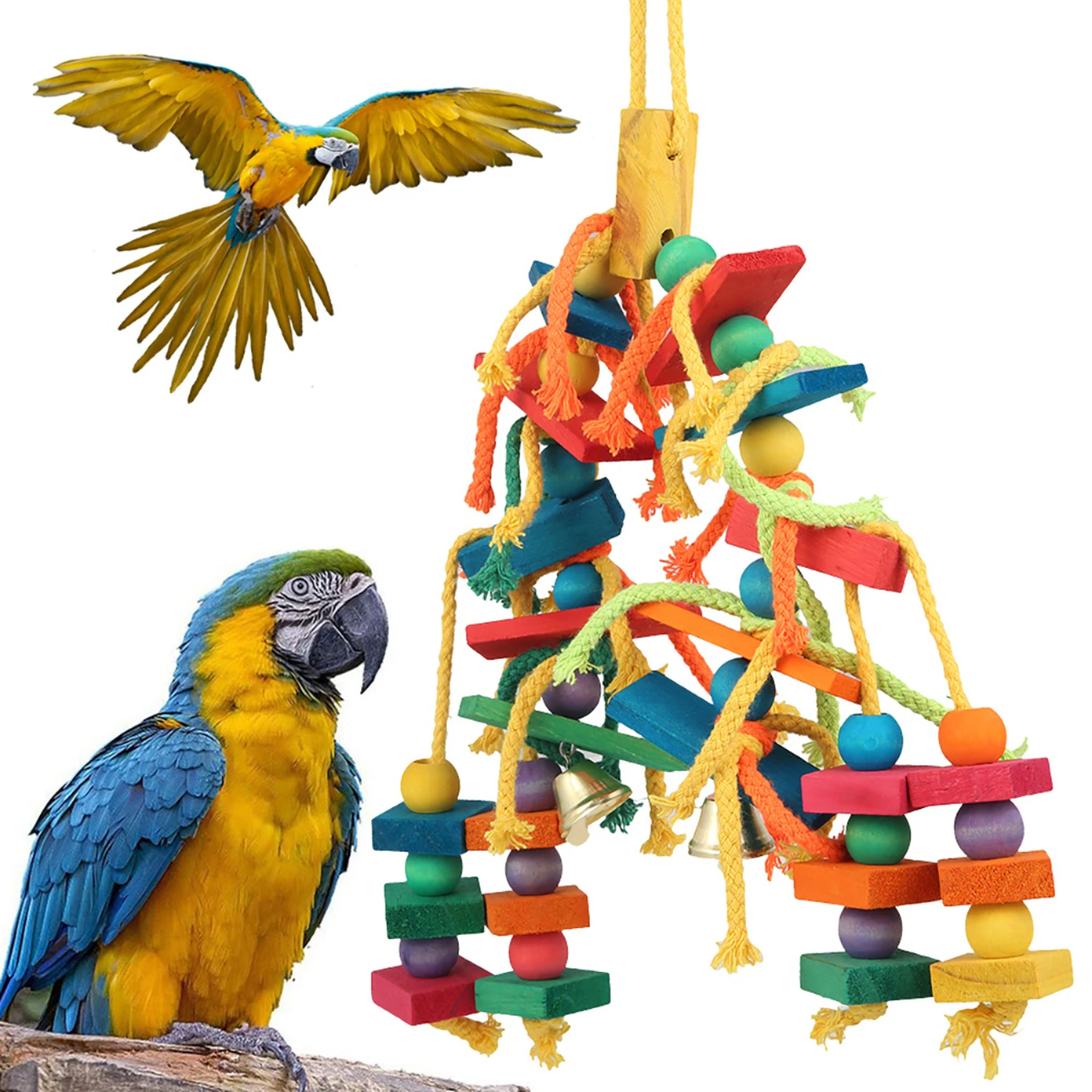 Colorful and Fun Small to Medium Birds and Mini Macaw Wooden Beads Ropes Chew Toy for Parrots with Safe Hook, includes Natural B