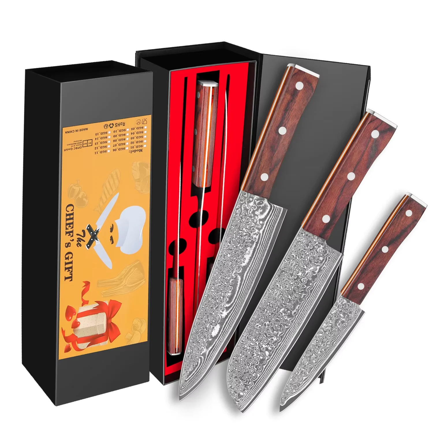 Zestaw noży kuchennych z damasku, 2/3 sztuki: nóż szefa kuchni, nóż Santoku, nóż uniwersalny, stal 10Cr15MoV, 66 warstw, stal nierdzewna SUS410, twardość 60+2HRC, ręcznie ostrzone, drewniana rękojeść, — 2