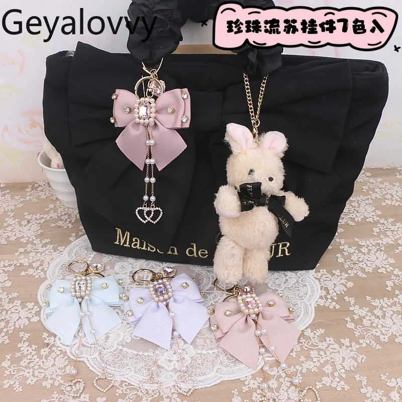 

Handmade Key Chains Japanese Lolita Accessories for Women Rhinestone Pearl Chain Bowknot Phone Bag Pendant Keychain for Girl