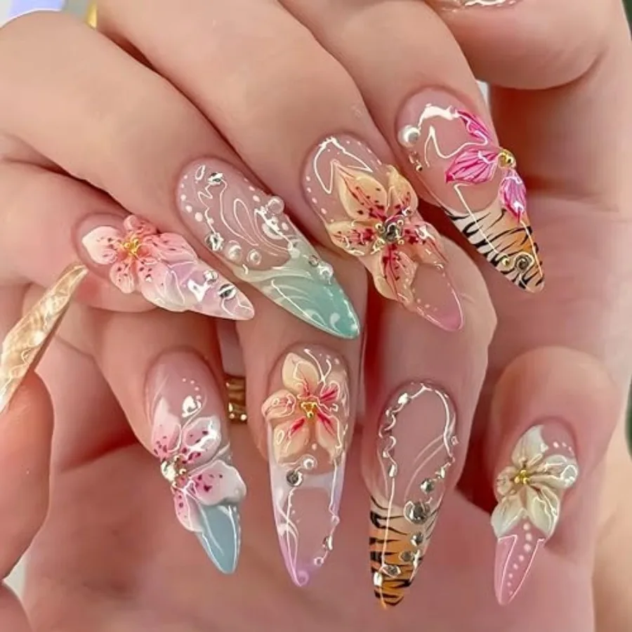 

24Pcs Long Press on Nails Almond French Tip Fake Nails Hawaii Flower Nails with Gold Silver Rhinestones Design Summer Full Cove