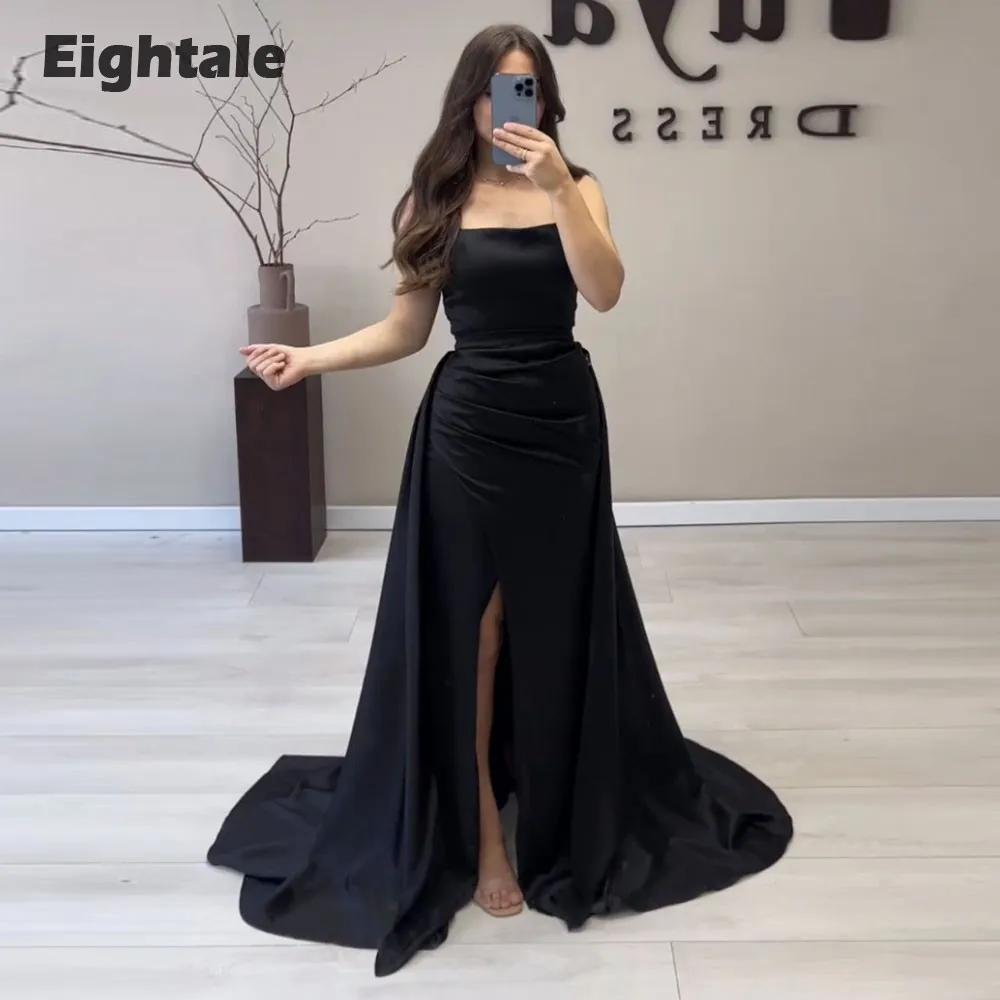 

Eightale Black Evening Dresses with Detachable Train Spaghetti Strap Mermaid Satin Prom Wedding Party Gown Vestido De Fiesta