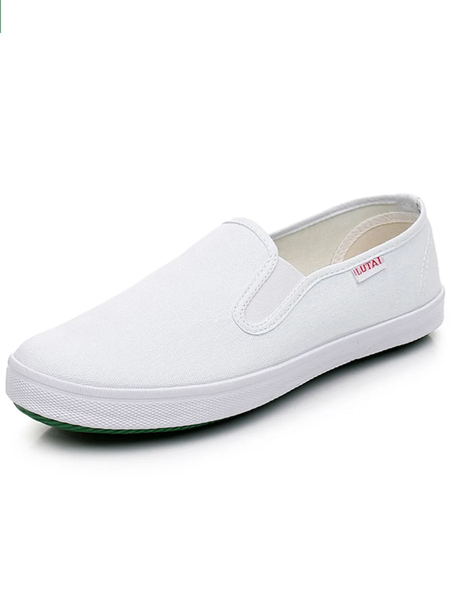 Low-Top LuTai White Canvas Shoes Simple Slip-On Work Shoes round Toe Flat Heel Universal Footwear Worn-In Comfort Rubber Sole