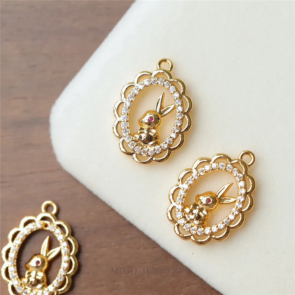 Copper-plated Real Gold Retro Oval Zircon Lace Hollow Rabbit Pendant DIY Necklace Bracelet Handmade Charm Accessories S237