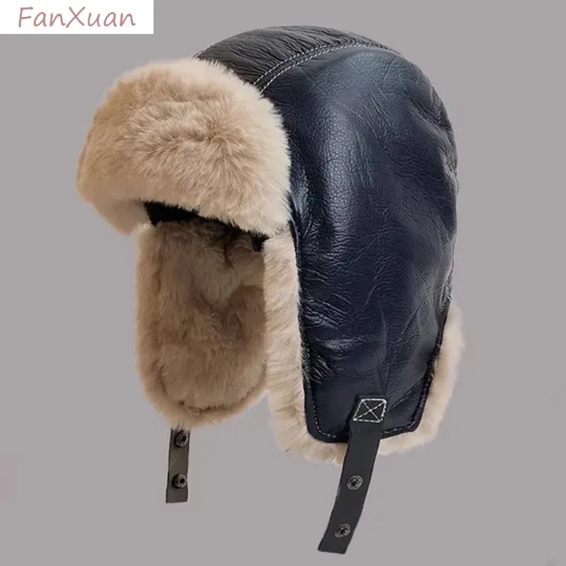 Winter Men Women\'s Pilot Aviator Bomber Trapper Hat Faux Fur Soft Leather Snow Cap with Ear Flaps Windproof Lei Feng Hat