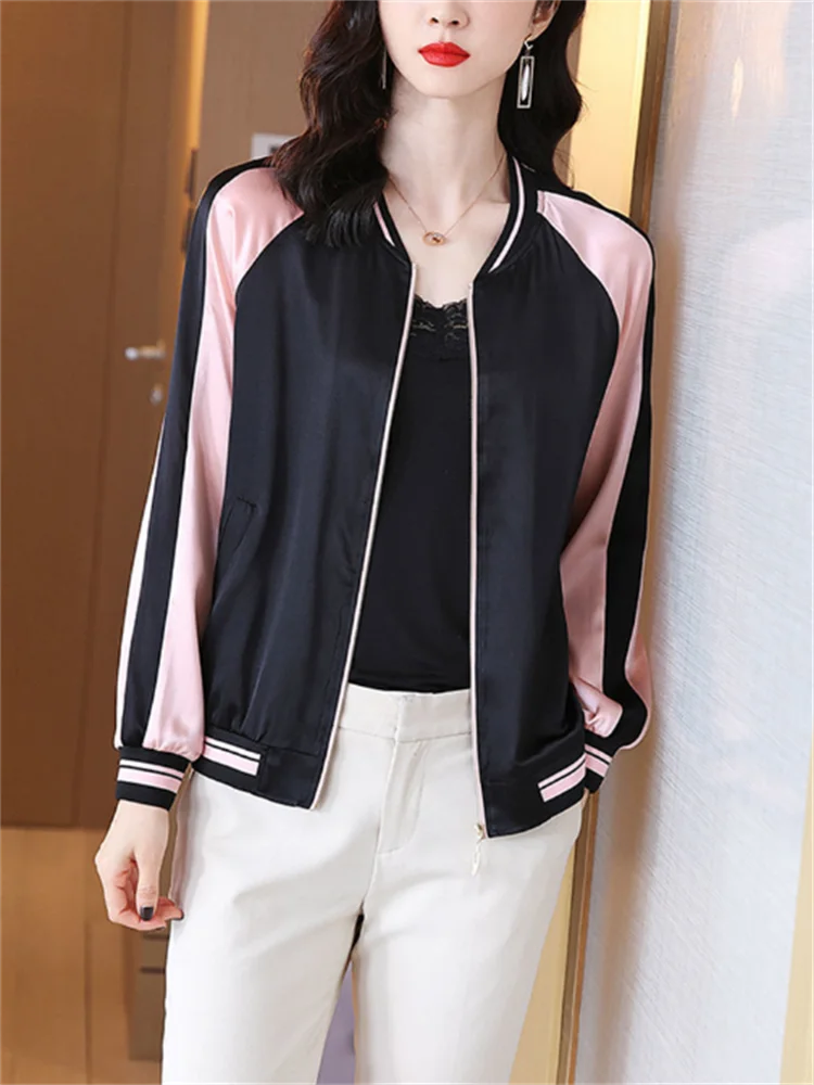 Silk Short Jacket For Women Baseball Outwear Spring Summer Thin Jackets Korean Zip Coats Loose Sunscreen Top Casual Women Jacket