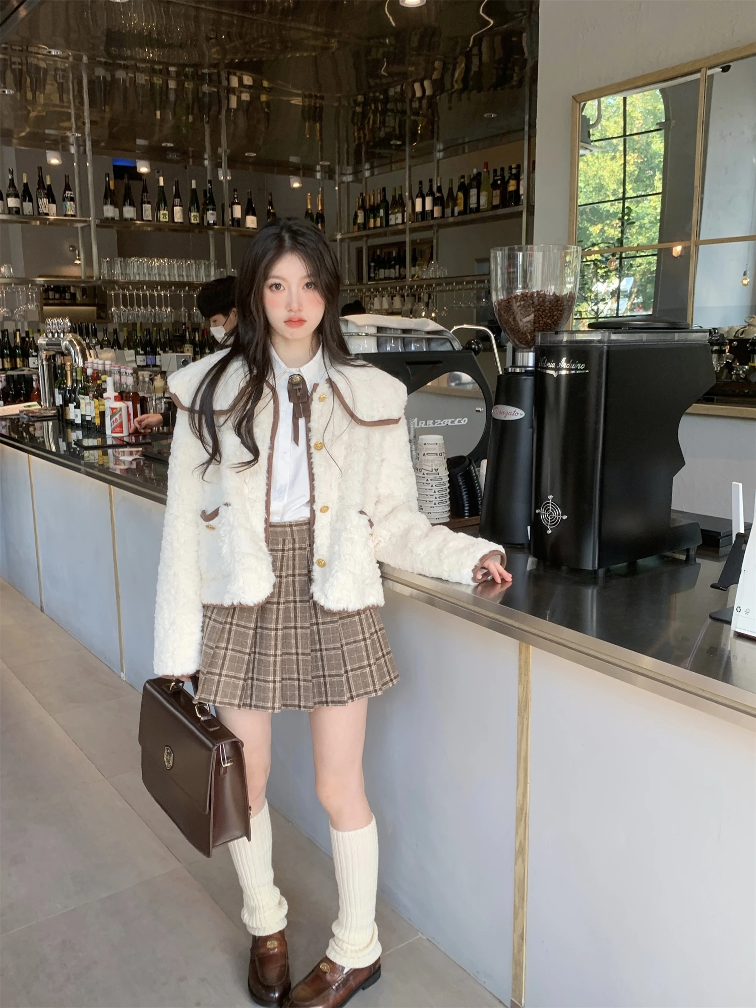 LXLILIUM Klara Sweet Heart Navy Collar Color Blo Fur Leather Jaet Dames top Winter Faion Premium dameskleding