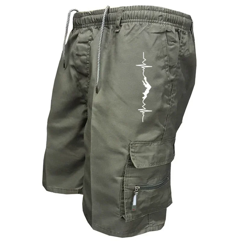 Men's Heartbeat Mountain Print Cargo Shorts Elastic Waist Drawstring Multi Zipper Pockets Casual Summer Short Pants