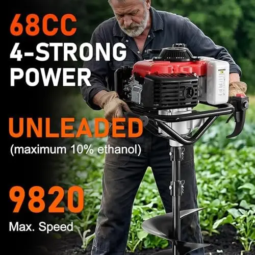78CC 4-Stroke Auger Post Hole Digger, Single Person Gas Powered Earth Auger with 6