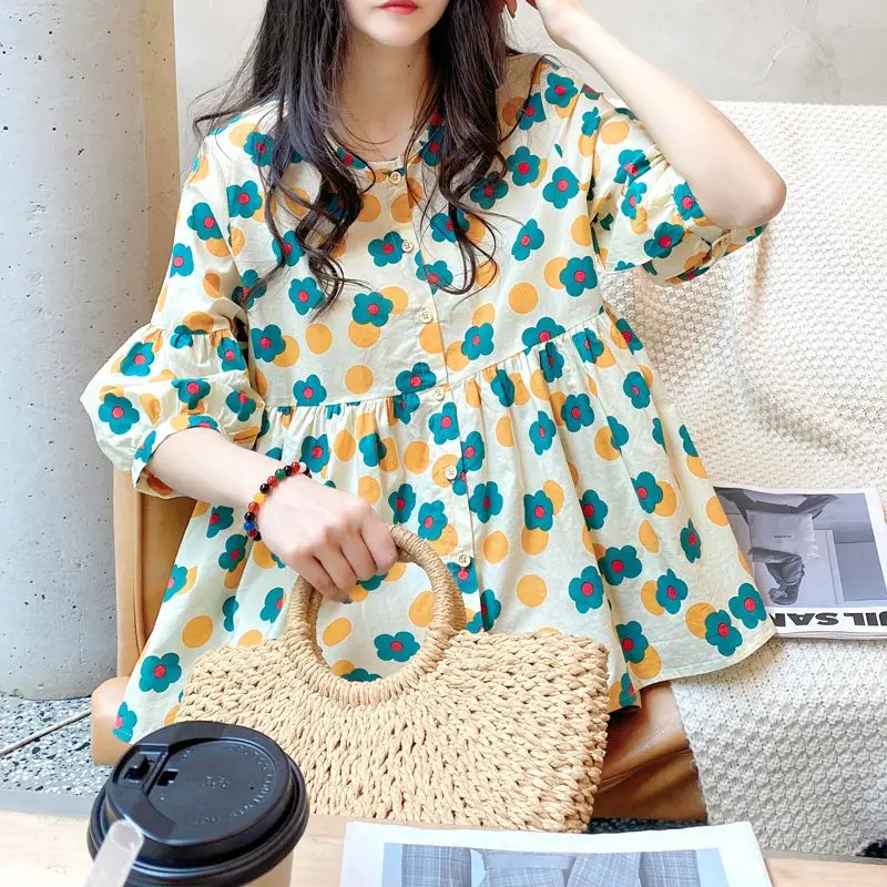 Summer New Round Neck Fashion Half Sleeve Shirt Women High Street Casual Loose Button Cardigan Sweet Printing All-match Blouse