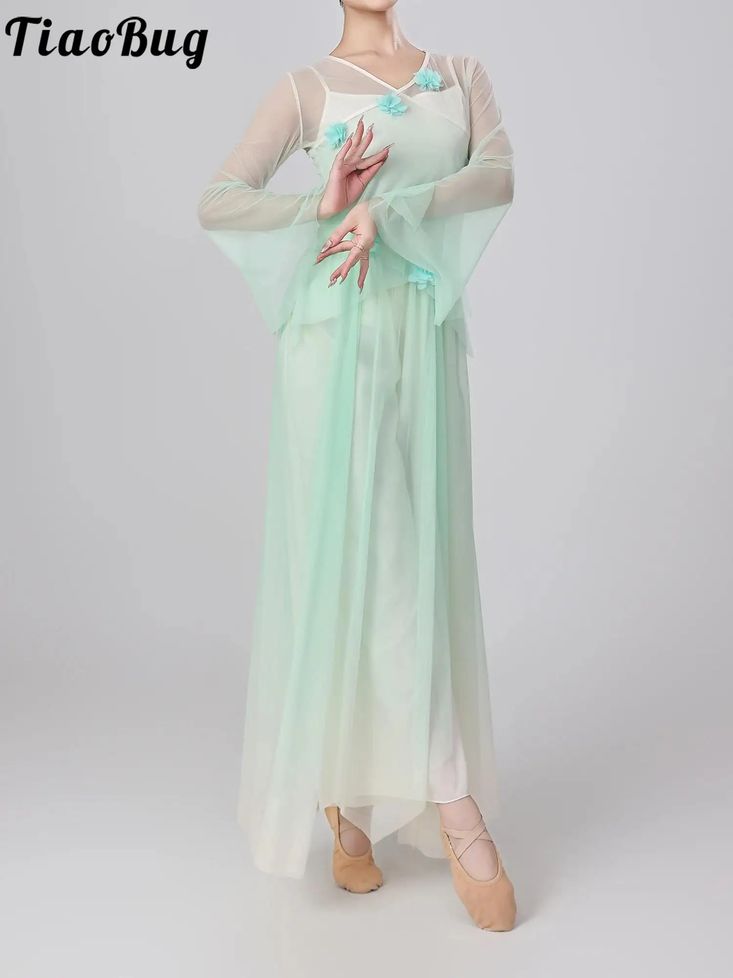 

Women Summer Oriental Dance Mesh Outfits Gradient Color Set Flared Sleeve Top with Camisole and Culottes Classical Dance Costume