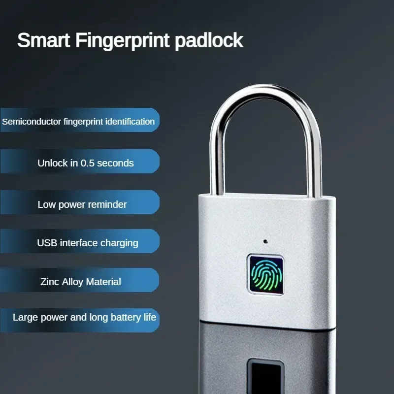 Smart Fingerprint Padlock Waterproof Zinc Alloy Biometric Padlocks USB Charging Fingerprint Lock Door Lock