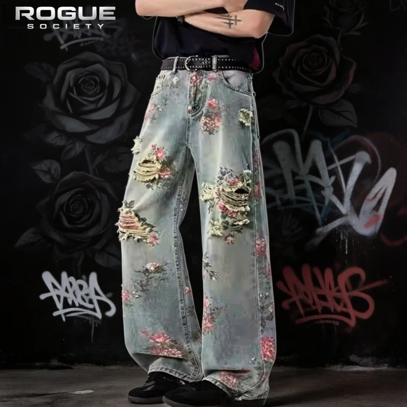 

Floral Printed Distressed Baggy Jeans Men Streetwear Summer Denim Pants Harajuku Rose Straight Edgy Y2K Washed Trousers Unisex
