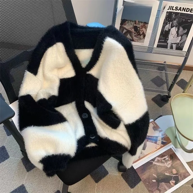 

Вязаный свитер V-Ne Long Sve Plaid Color Blo Мягкий пушистый открытый кардиган средней длины для мужчин и женщин Повседневный зимний ...