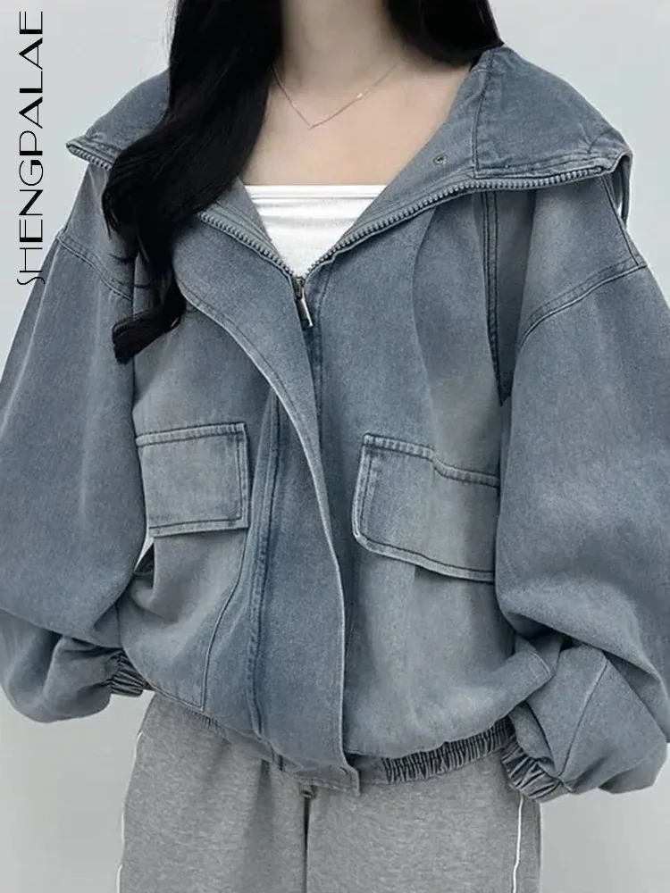 SHENGPALAE Denim Jackets For Women Hooded Zipper Full Sleeve Gradient Color Loose Spliced Pockets New 2024 Female Coats 5C1853