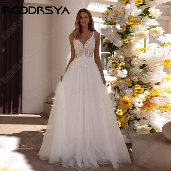 Roddrsya เดรสแต่งงานแขนกุดคอวีสำหรับเจ้าสาวผ้าลูกไม้สีงาช้าง2025ชุดเจ้าสาวผ้าปะติดแบบเปิดหลัง