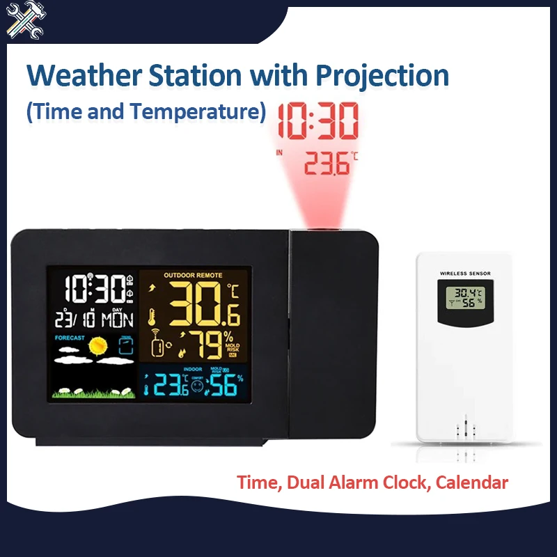 Digital Alarm Clock Weather Station EU Indoor Outdoor Weather Station with Temperature Humidity Desk Clock with Time Projection