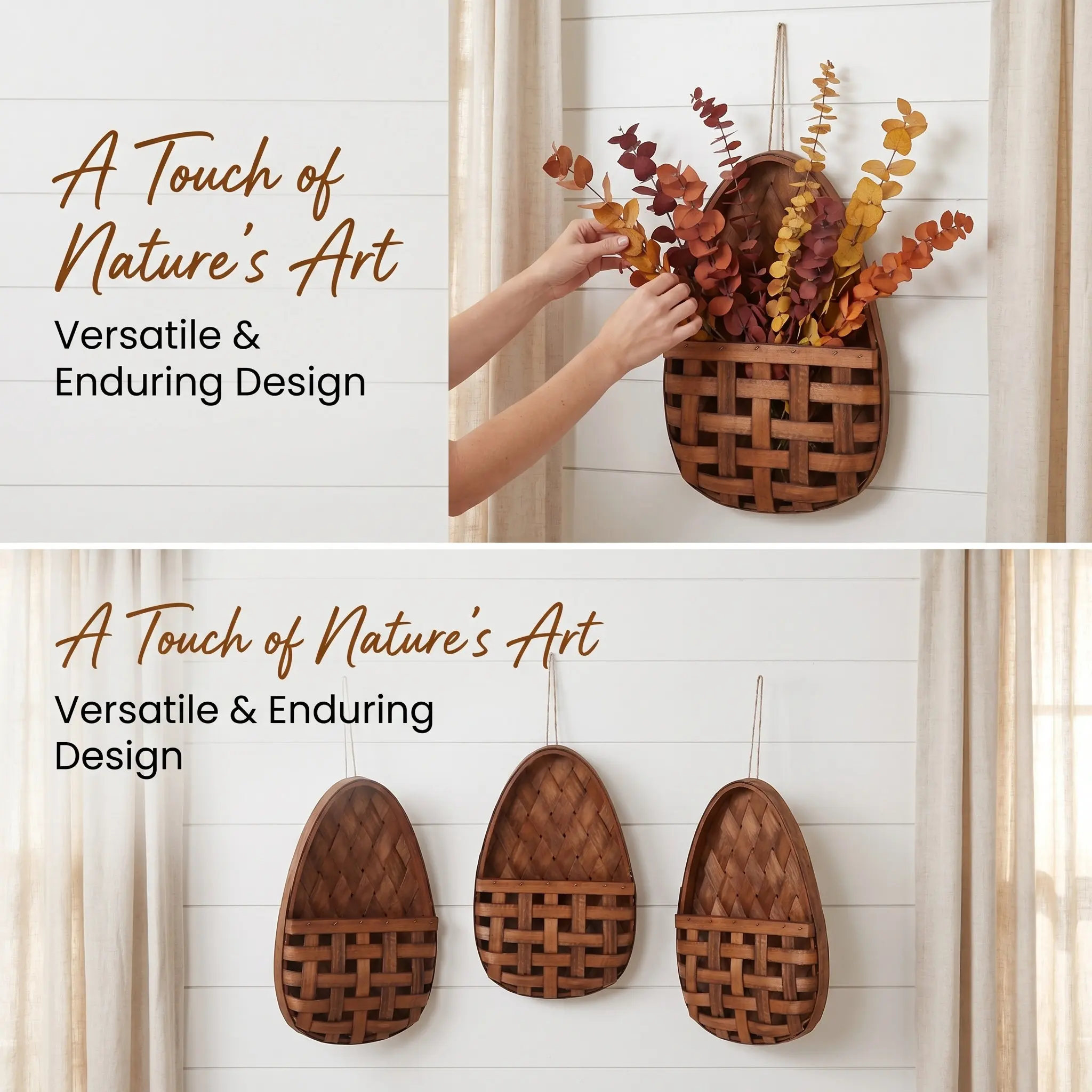 Woven Wood Wall Hanging Basket Rustic Farmhouse Decoration Flat Back Planter for Dried Fresh Flowers Floral Wall Pocket Vase