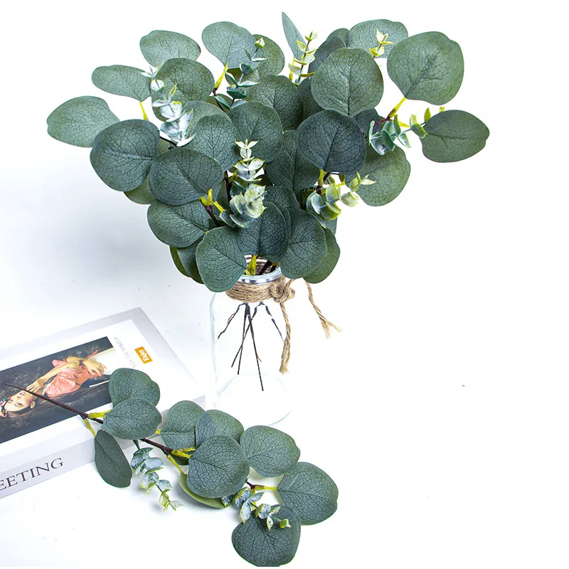 Decoración de plantas verdes de simulación de arreglo floral de mesa, ramas de eucalipto de 8 puntas, hojas de eucalipto artificiales individuales