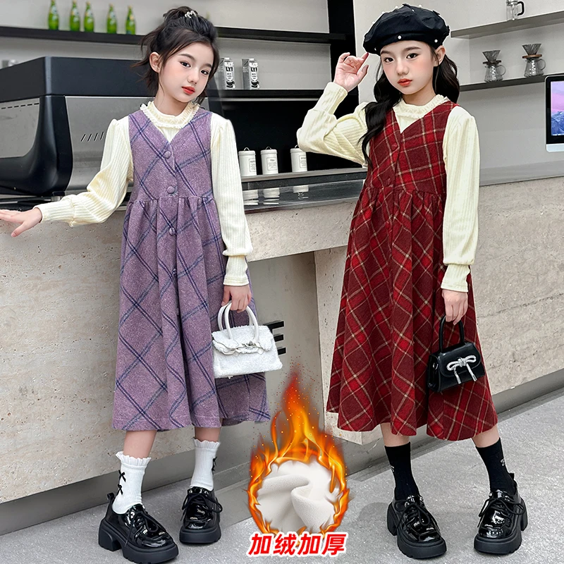 conjuntos teen girls dress set Retro red plaid woolen vest dress+Lotus leaf collar tops 2p junior kid suit child clothes outfits