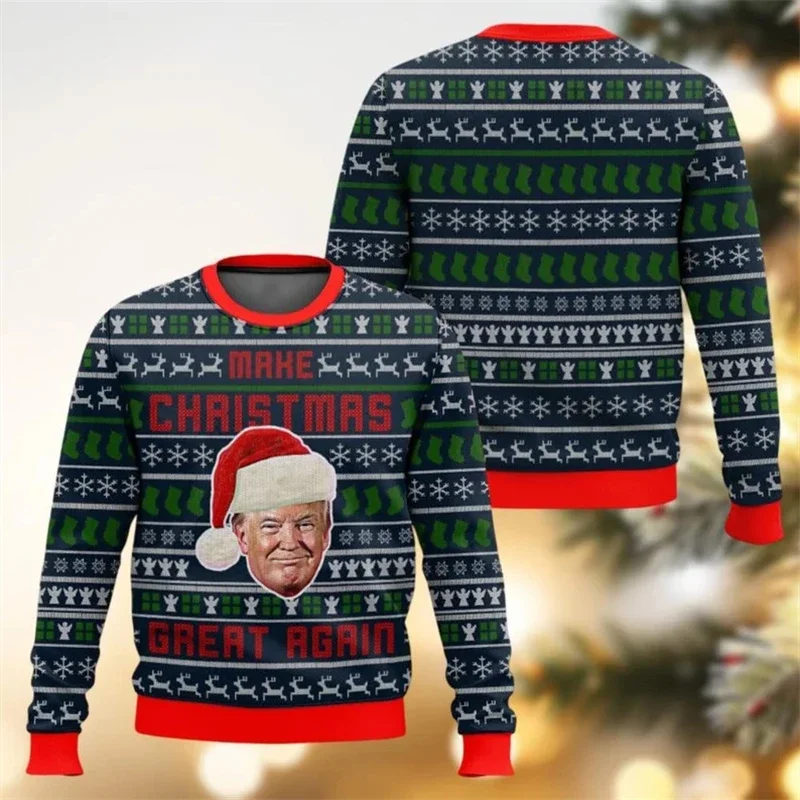 Funny Trump Graphic Sweatshirt For Men Fashion Trend Holiday Xmas Crew Neck Ugly Christmas Sweater Loose Streetwear Pullovers