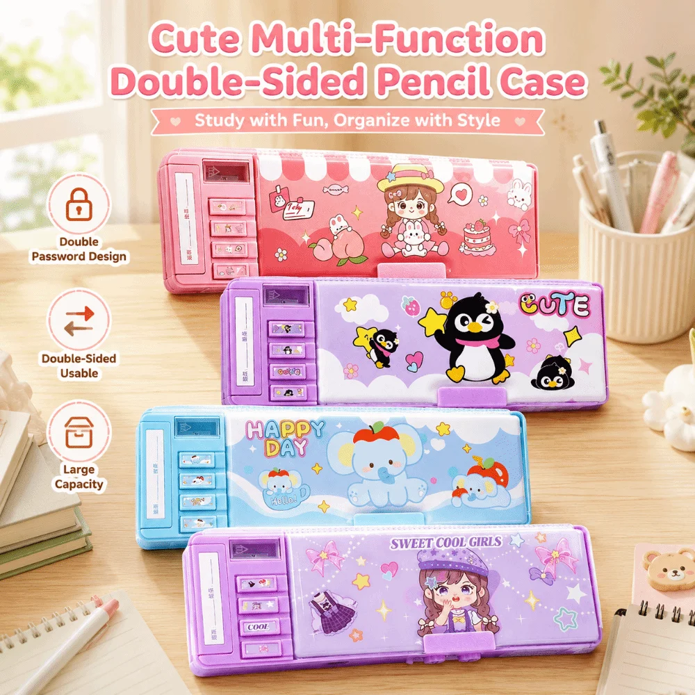 Cartoon Password Lock Pencil Case Automatic Pop-Up Mechanical Large Capacity Pen Box Stationery Organizer Kids
