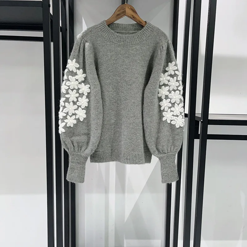 【Gift Free】2025 Autumn Winter Fashion 3D Floral Crochet Puff Sleeve Solid Color Round-Neck Pullover Knit Sweater for Women