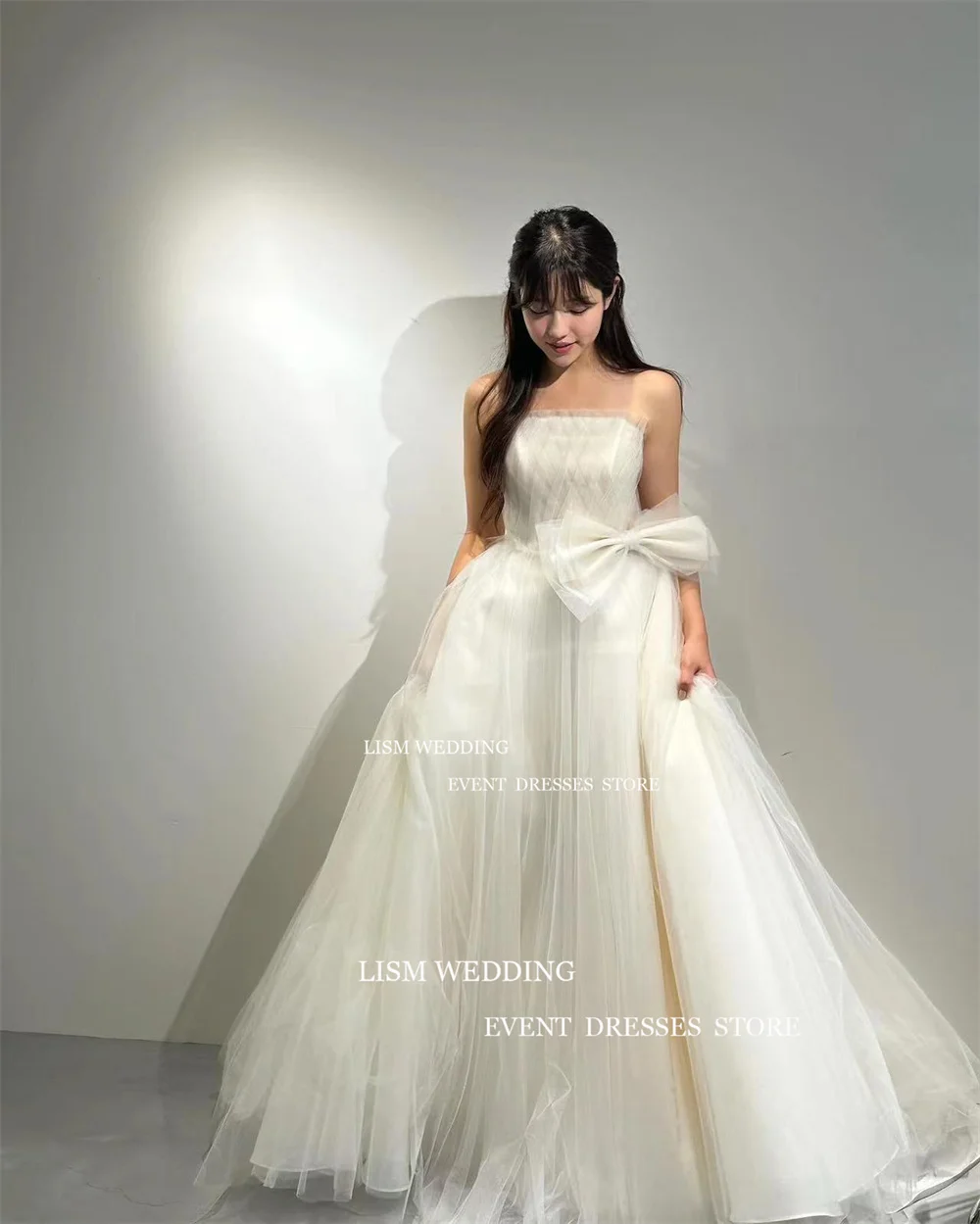 LISM Simple Strapless A Line Korea Wedding Dresses Fairy Tiered Tulle Bridal Gown Photo Shoot Sleeveless Big Bow Bridal Dresses