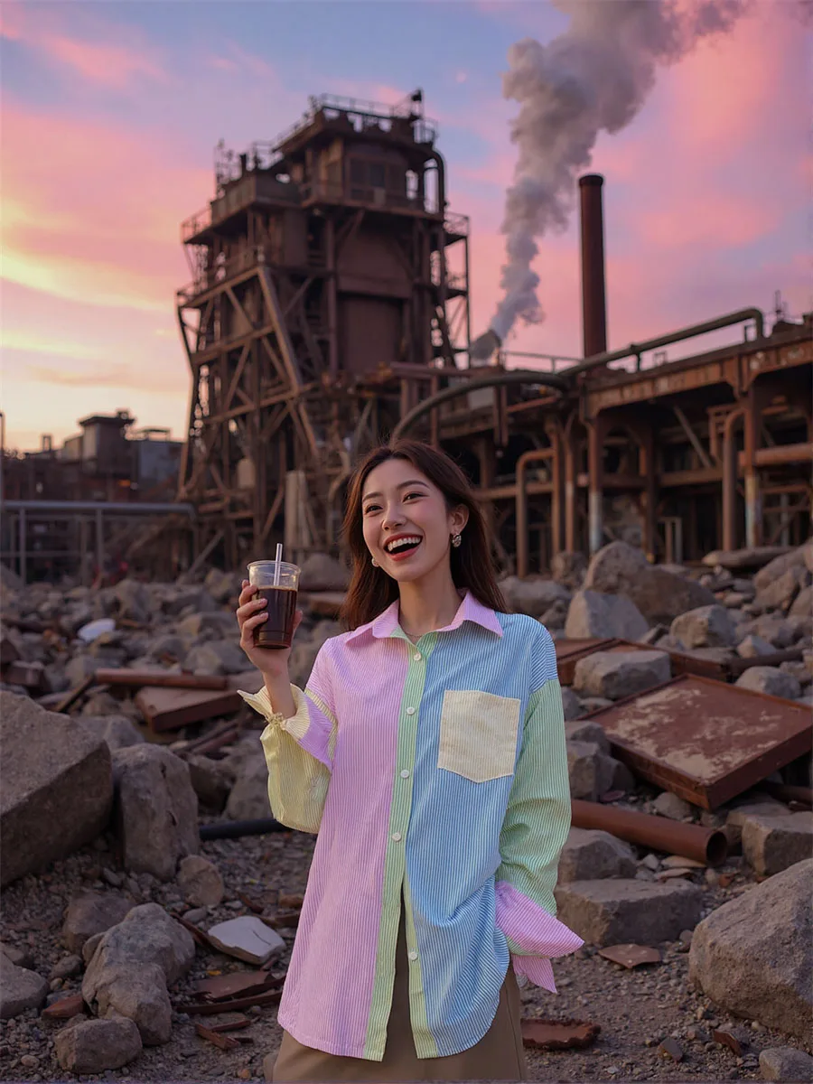 เสื้อเชิ้ตผู้หญิงลายทางสีลูกกวาดแขนยาวเย็บปะติดปะต่อน้ําหนักเบาเหมาะสําหรับลุคลําลองหรือเกาหลีที่อ่อนเยาว์