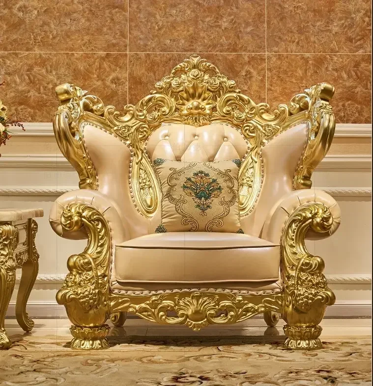 Antique royal furniture golden Dubai sofa design with genuine leather and curved wood frame for living room