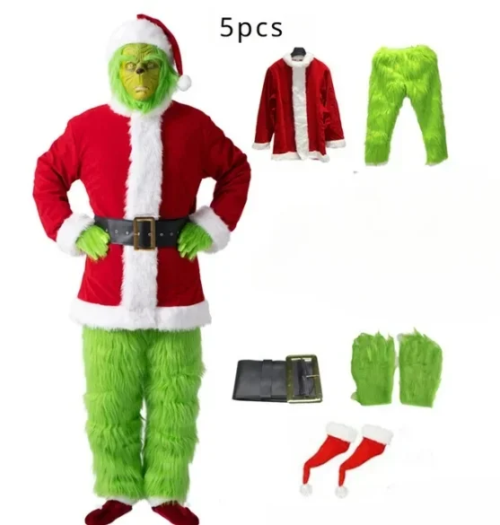 Costume di babbo natale Set festa di natale Prom Adult Role Playing Green outfit Monster Shaggy Halloween Cosplay Suit guanti Mask