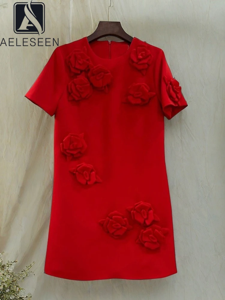 

AELESEEN Runway Fashion Red Mini Dress Women Summer Short Sleeve O-Neck 3D Flower Appliques A-line Pockets Holiday Vacation