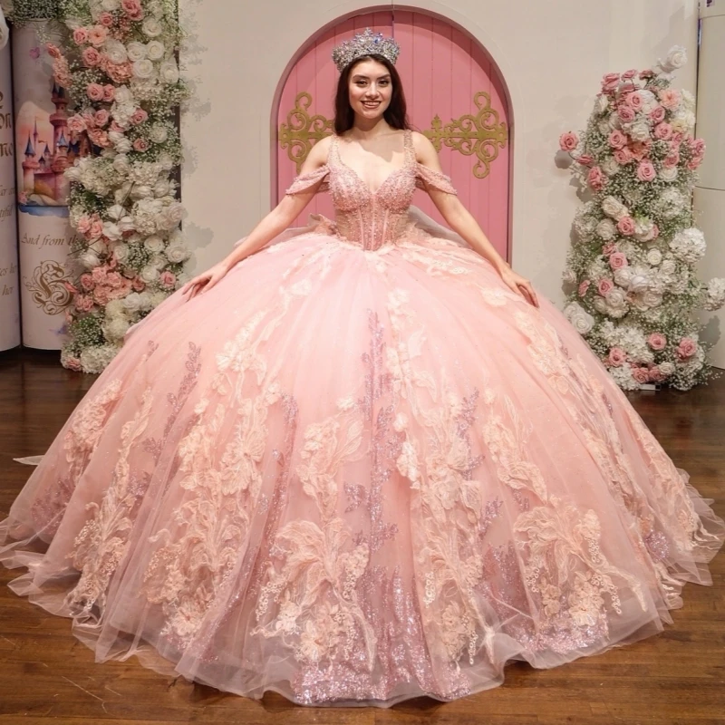 

Розовые платья для церемонии Quinceanera с аппликацией в виде цветов, бисером, кристаллами, бантом, из тюля, с открытыми плечами, для Sweet 16, Vestidos 15 De Anos
