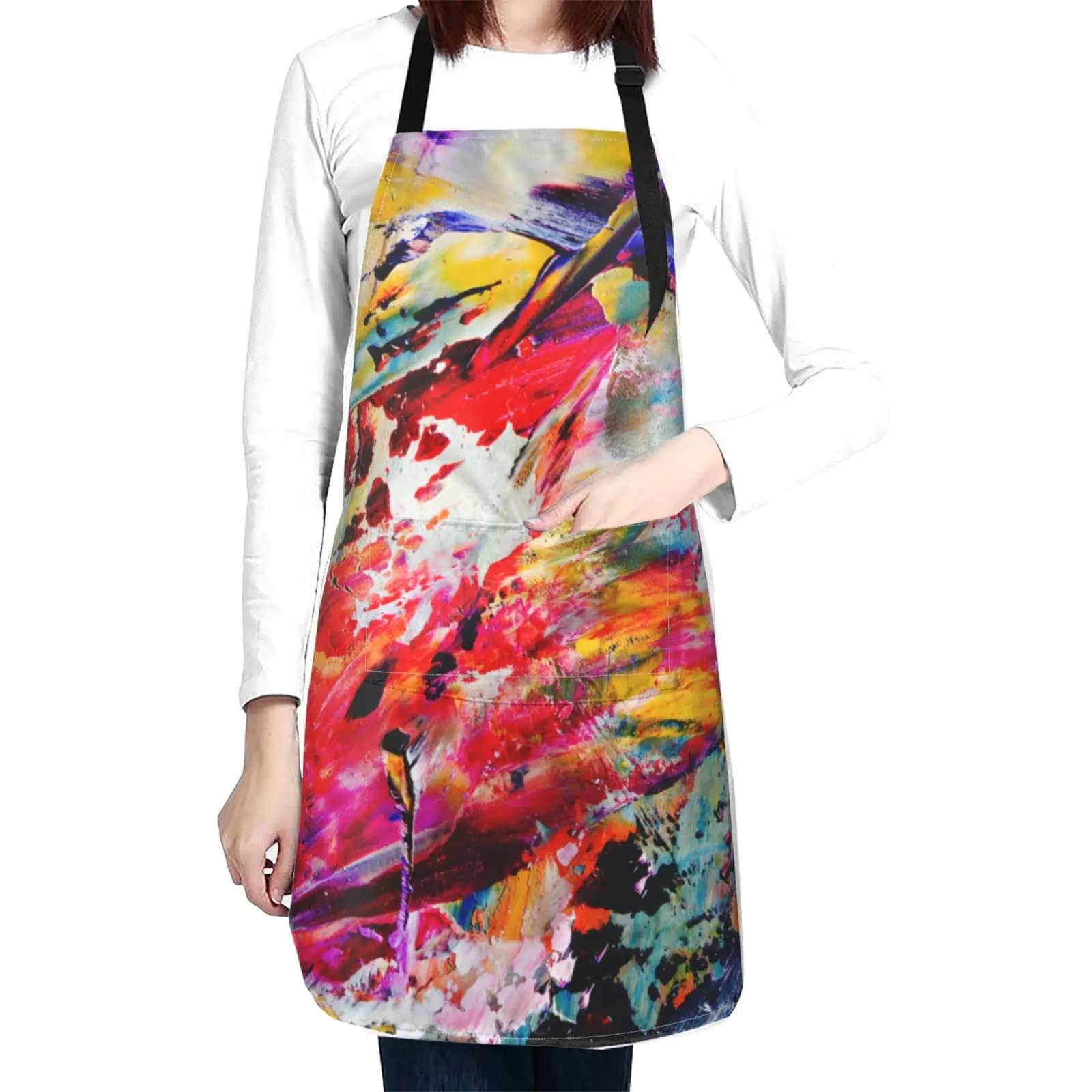 

Red Oil Painting Apron with 2 Pockets Fashion Art Kitchen Chef Apron, Colorful Waterproof Adjustable Neck Strap Apron