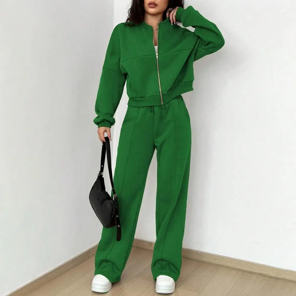 Autumn Coat Pants Set Women\'s Sporty Tracksuit Set with Stand Collar Jacket Elastic Cuff Sleeves High Waist Wide Leg for Active