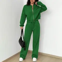 Autumn Coat Pants Set Women's Sporty Tracksuit Set with Stand Collar Jacket Elastic Cuff Sleeves High Waist Wide Leg for Active