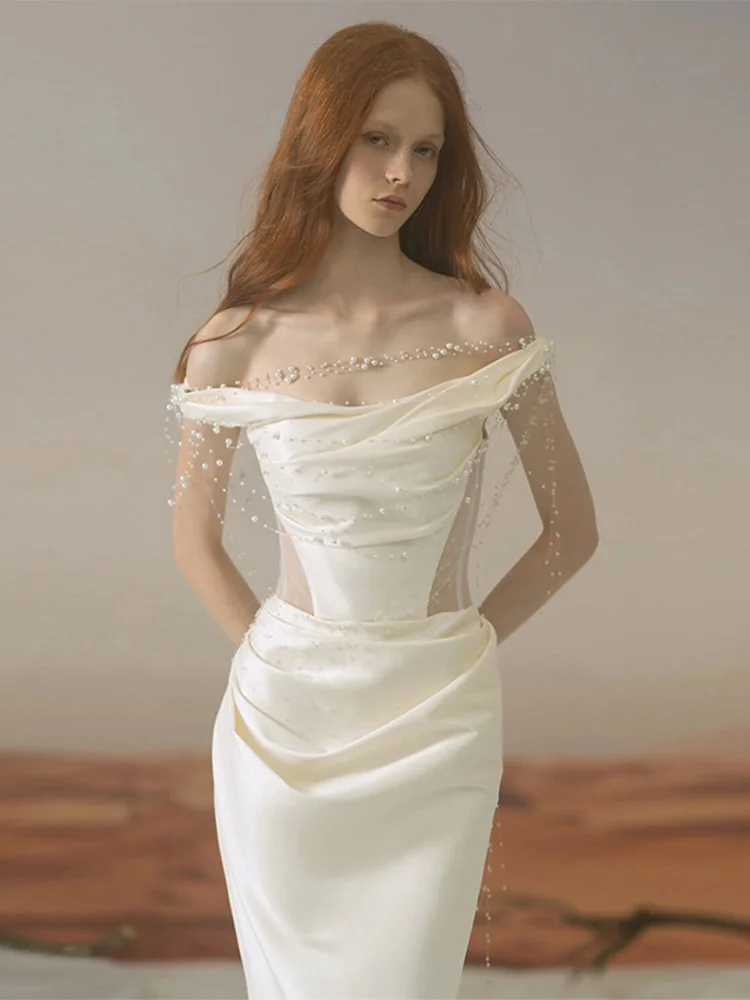 

Pearl Embellied Satin Wedding Dr 2025 New Sle One oulder Tailored Evening Gown Ele Host White Engagement Skirt