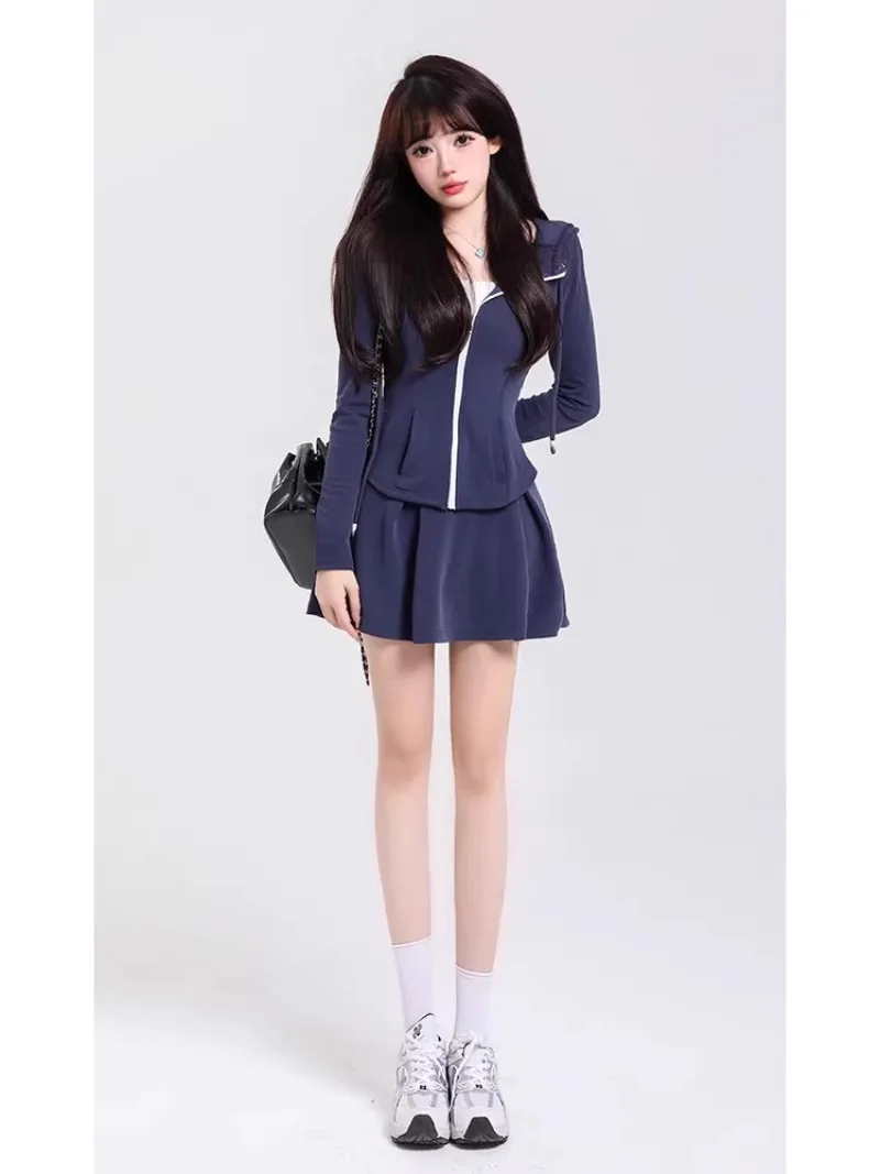 

Korean College Hooded Sweatshirt Coat Pleated Skirt Two-piece Set Women Drawstring Elastic Casual Sweet Spicy Girl Sports Wear