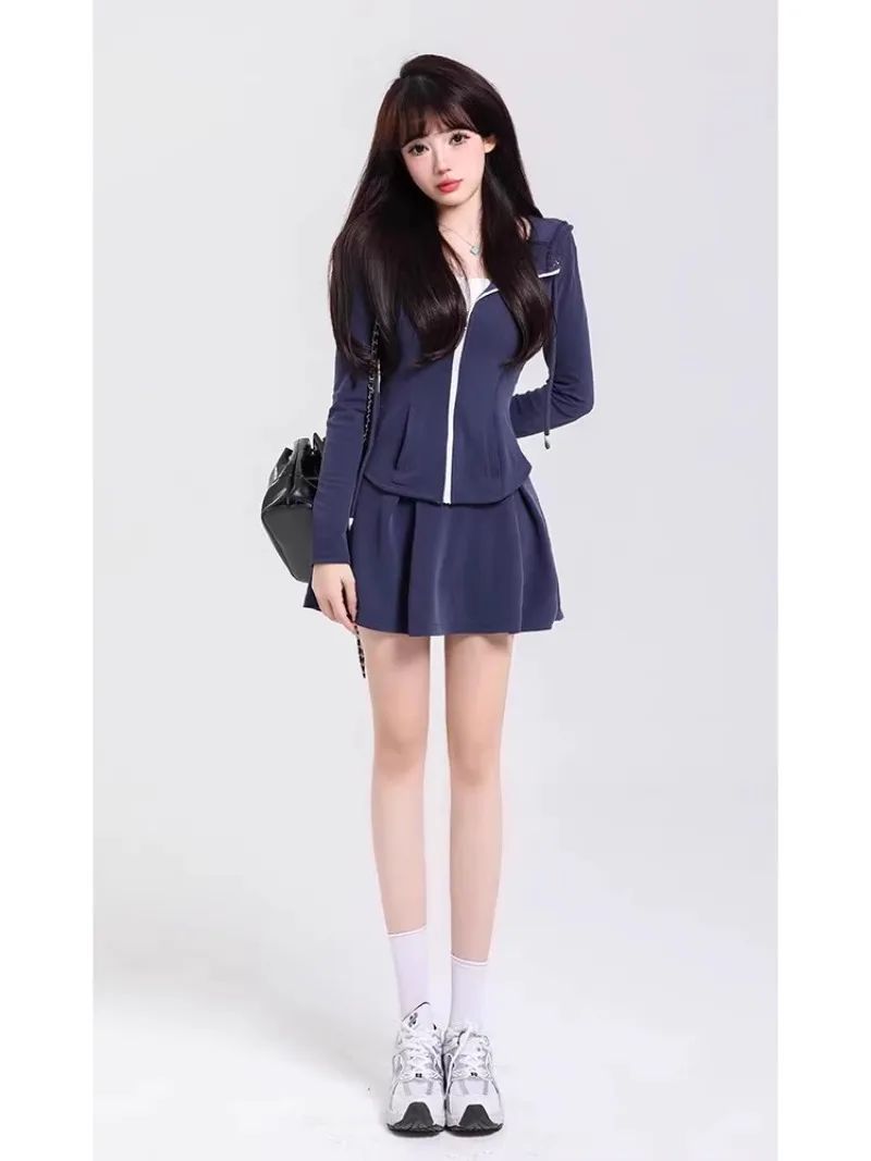 Korean College Hooded Sweatshirt Coat Pleated Skirt Two-piece Set Women Drawstring Elastic Casual Sweet Spicy Girl Sports Wear