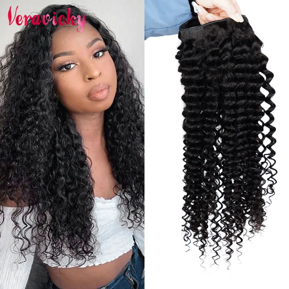 

Veravicky Natural Deep Wavy Clip In One Piece Machine Made Remy Human Hair Extensions with Adjustable Fish wire 100g 120g 150g