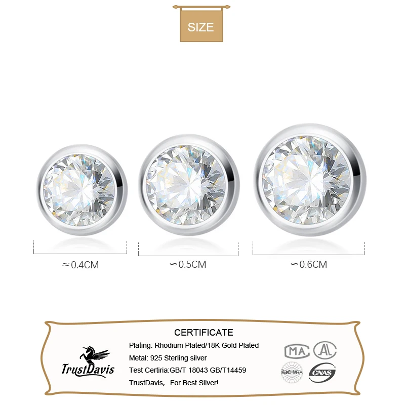 TrustDavis 925 Sterling Silver Tiny Dazzling Round CZ 4mm 5mm 6mm Stud Earring For Women Girls Kids Silver 925 Jewelry Gift DT55