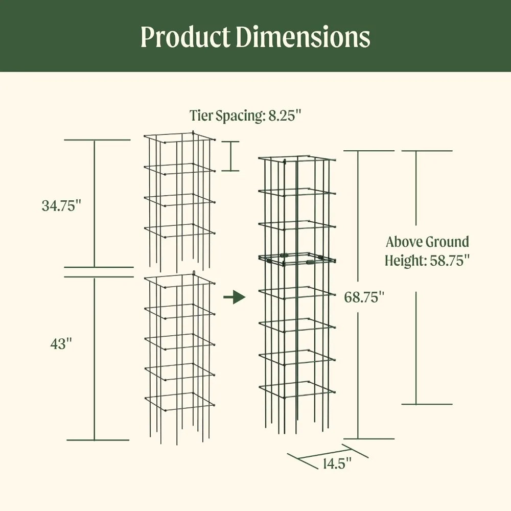 2 Pack Tomato Cage 14.5 x 58 in Square Rust-Resistant Stackable Plant Trellis for Garden Pots
