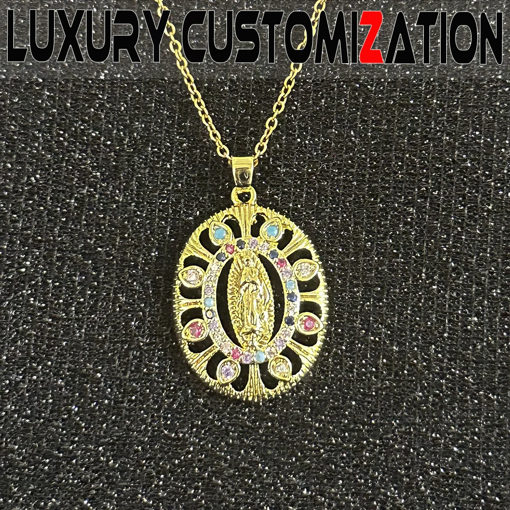 Fashionable women's necklace, gemstone inlaid Virgin pendant, luxurious 18K gold plating, exquisite packaging, holiday gift