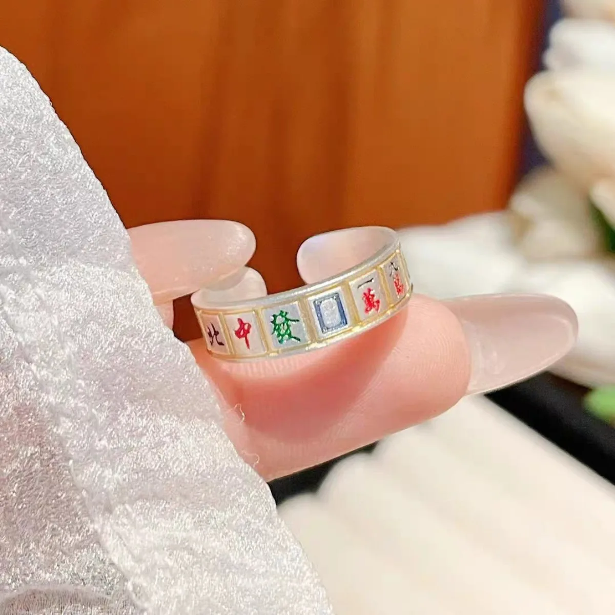 Fashion Chinese-style Mahjong Tiles Enamel Rings for Women Men Golden Color Size Adjustable Opening Make A Fortune Lucky Jewelry