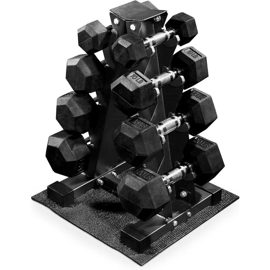Alter Rubber Coated Hex Dumbbell Weight Set with Storage Rack for Home Gym