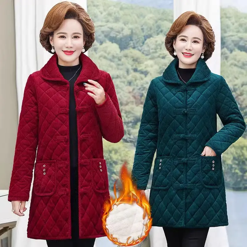 

Mom's High-End Corduroy Cotton Jacket Medium Length Middle- Aged And Elderly Women's Large Size Ethnic Style Plush Coat Z4699