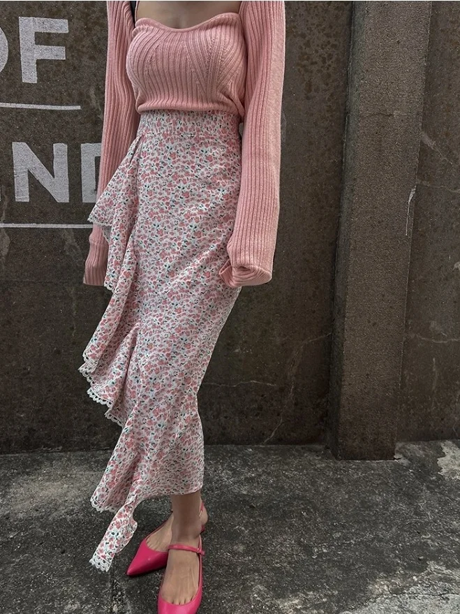 

Женская асимметричная шифоновая юбка-миди с цветочным кружевом, эластичной талией и сборками по низу, облегающая, для офиса