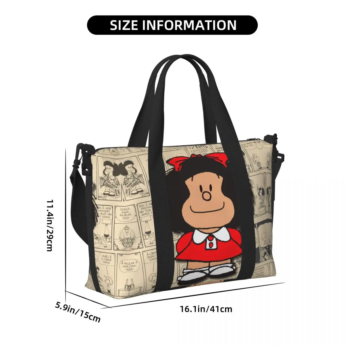 Custom Vintage Mafalda Manga Beach Tote Bag for Women Extra Large Gym Carry On Quino Comic Cartoon Travel Shopping Bags