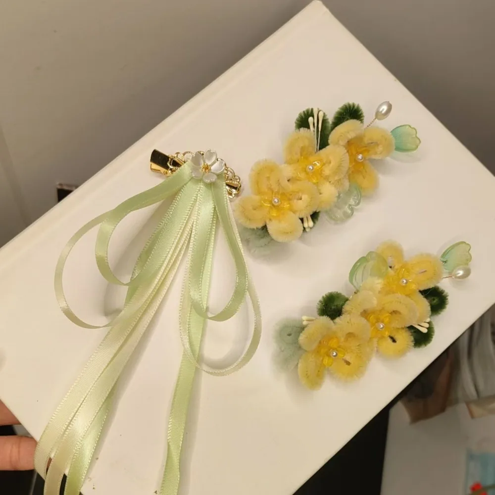 Grampo de cabelo feito à mão floral amarelo flor laço fita estilo chinês grampo de cabelo pano bonito longo streamer presilhas acessórios para cabelo