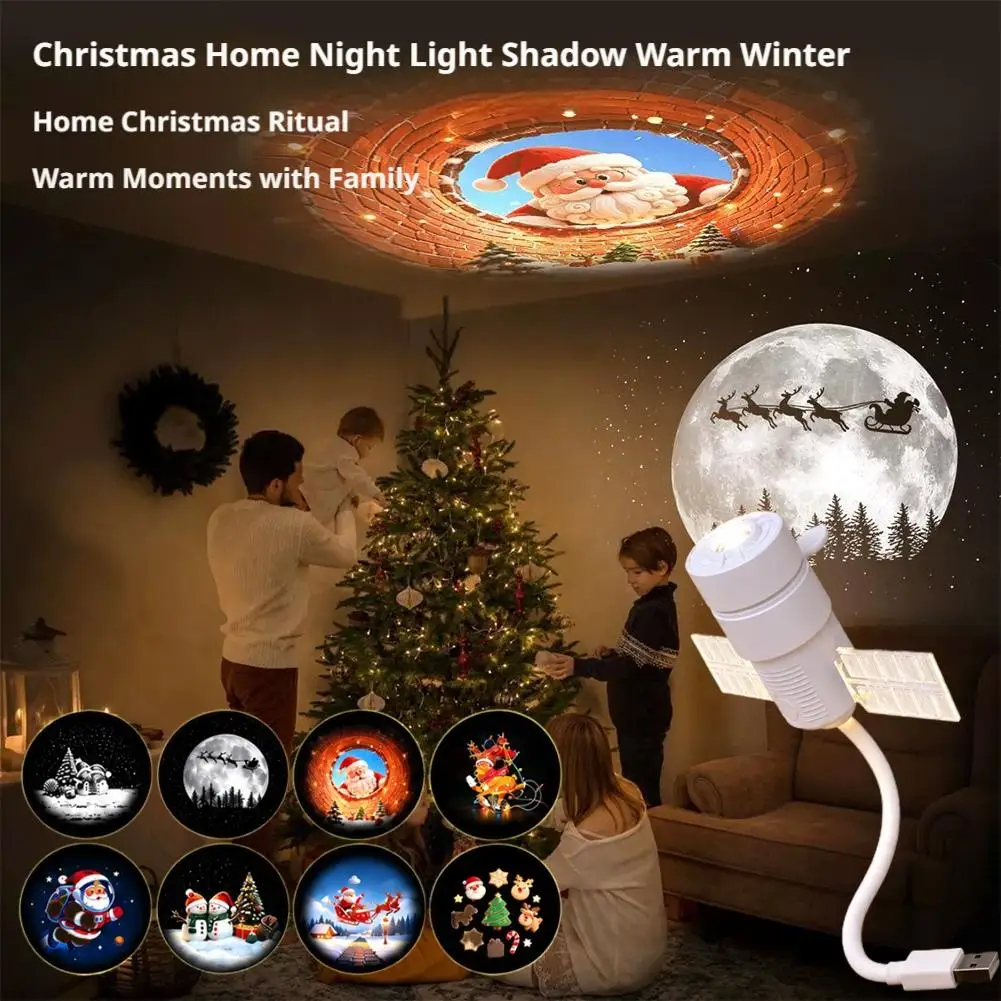 LED Christmas Projector Light USB 5V Night Light Ambiance 8/16 Modes Switchable Pattern Projection for Santa Claus Snowman Moose