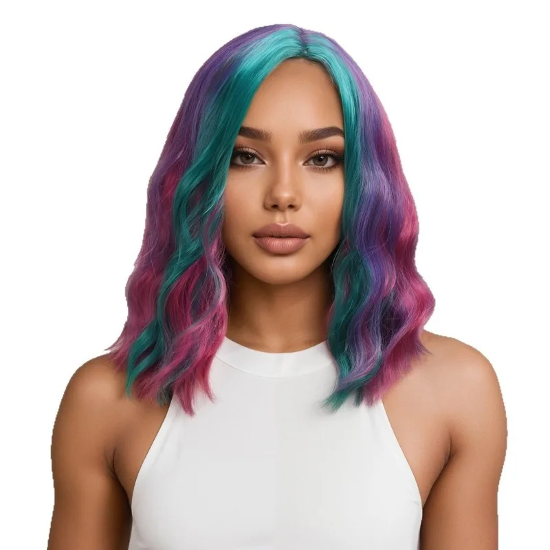 امرأة ملونة شعر مستعار مجعد هالوين حفلة تنكرية مهرجان تأثيري شعر مستعار كامل مرحلة الأداء مقلد الشعر